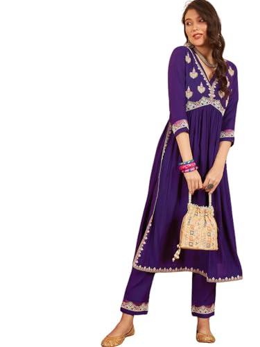 amayra women's embroidered alia cut rayon kurta with pant (purple,s)