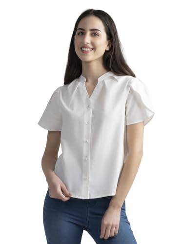 shaye band collar white solid short sleeves casual tops for women