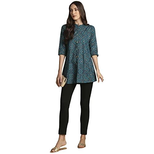 anubhutee women's rayon printed a-line kurti teal blue