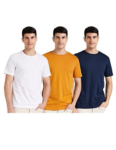 amazon brand - symbol men's solid cotton t shirt | plain | round neck | half sleeve - regular fit | combo pack of 3 (available in plus size) (white, mustard gold, iris navy_l)