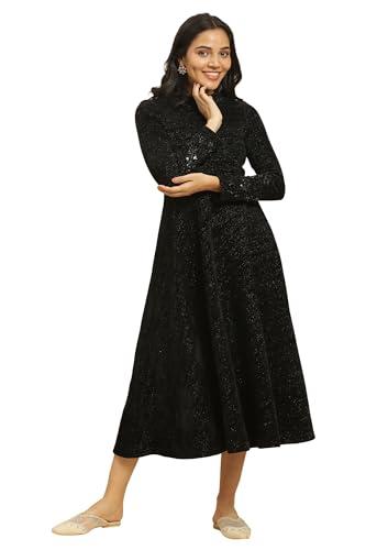 w for woman women's polyester black knitted circular flared winter dress calf length 23now10347-220515_jet