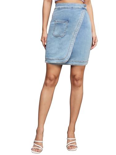 miss chase women's regular high rise clean look above knee stretchable denim skirt with pockets (mcss22den11-08-158-26, light blue, 26)