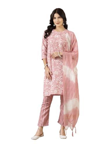 stylum women's tropical printed silk blend straight kurta pant dupatta set (kpdpinkpearl38_pink, m)