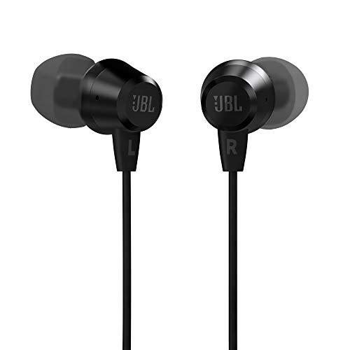 jbl c50hi, wired in ear headphones with mic, one button multi-function remote, lightweight & comfortable fit (black)