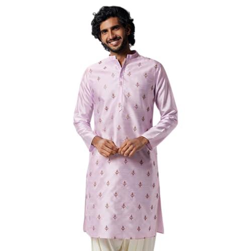 kisah men's kurta, lavender art silk, embroidered regular fit long sleeves mandarin collar (s)