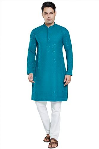 divisive men's sequince embroidered cotton blend slim fit kurta pyjama set (dkrt27_xxl_turquoise)