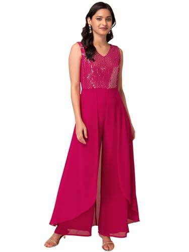 indya women's chiffon hot pink sequin embroidered flared jumpsuit standard length (itn05319 l)