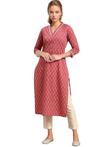 rytras women's cotton floral printed straight kurta(peach,l)