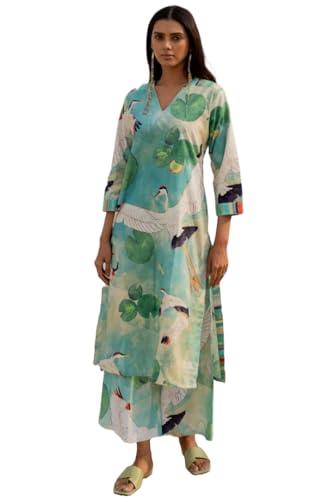 gosriki women's cotton blend straight printed kurta with palazzo (swans see green-gs_4xl_see green_xxxx-large)