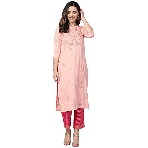 anubhutee women's rayon peach ethnic motifs printed straight kurta suit set with pants