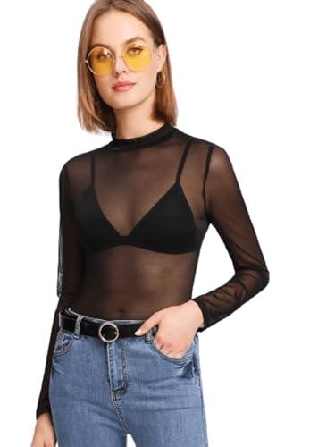 aahwan black mesh long sleeve sheer slim fit high neck see-through top for women's & girl's (276-black-s)