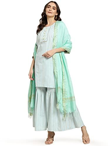 jompers women gota lace lurex kurta set with dupatta (firozi, s)