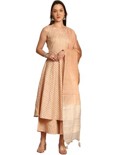 jompers women's brown woven design flared kurta pallazos dupatta set. (brown, s)