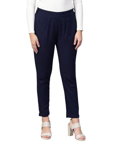 yash gallery women's plus size solid cotton slub ankle length trouser pant (blue, 3xl)