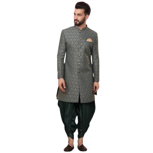 kisah men's indo western sherwani dhoti set, green silk blend, jacquard regular fit mandarin collar long sleeves (s)