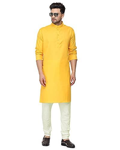 gauri laxmi enterprise cotton blend solid straight men's kurta (pln hldi ylw^ 40_haldi yellow