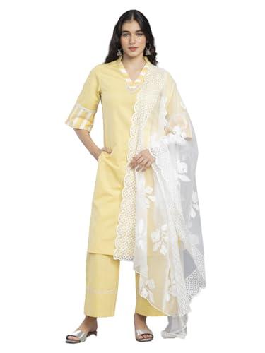 shaye yellow ethnic v-neck cotton kurta and pant set with dupatta for women