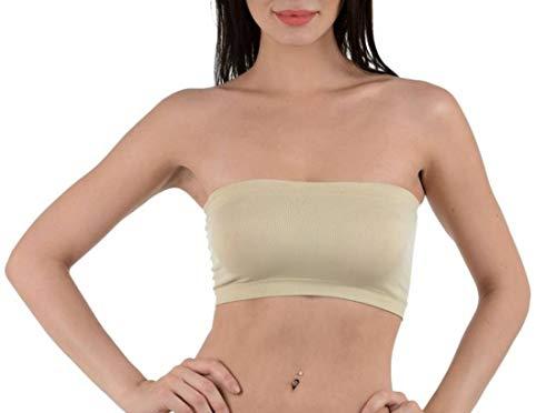 glamoras women's nylon spandex padded wire free bandeau tube bra strapless seamless stretchable comfort fit with detachable straps bandeau bras for all-day support free size, beige