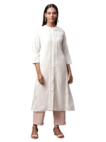 linen club woman women's linen full front open kurta (off white, size: 2xl, lcwess22lkfrfd0039)