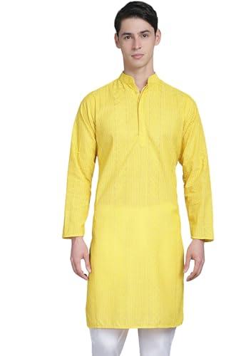 majestic man men cotton blend chikankari embroidered ethnic motifs double plaket regular kurta (medium, haldi yellow)