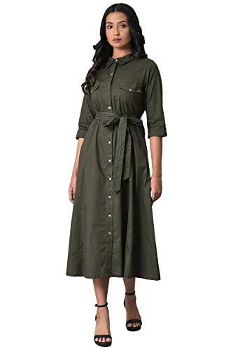 w for woman women's cotton olive green western dress with belt calf length 23few19306-219034