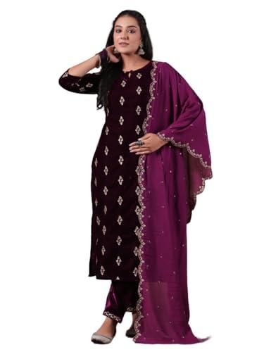 ishin women's velvet ethnic motifs zari purple straight kurta suit set with trousers & dupatta