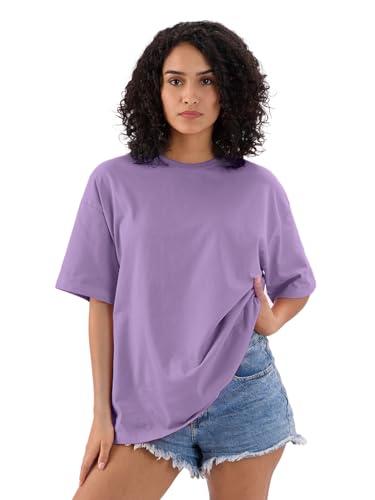 the souled store solids: lavender purple women and girls short sleeves round neck cotton oversized t-shirts