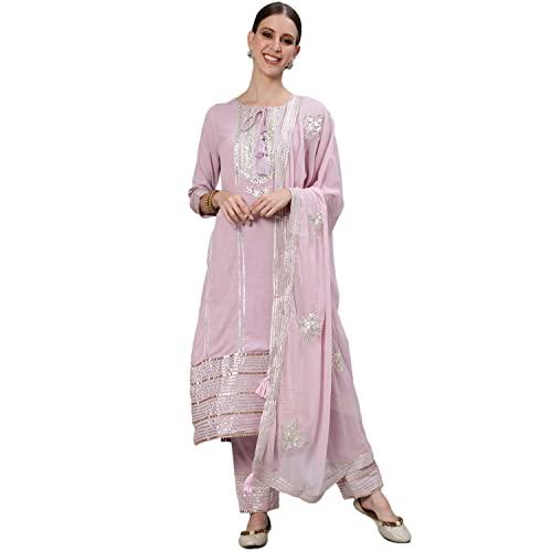 ishin women's purple gota patti embroidered a-line kurta set with trouser and dupatta…