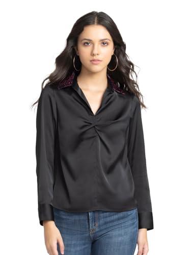 shaye spread collar black solid long sleeves casual shirt for women