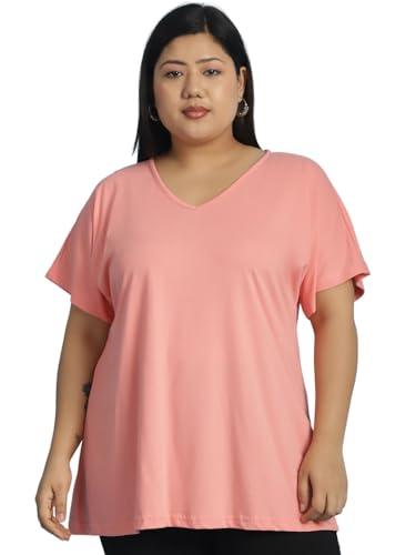 therebelinme plus size women's dark peach solid color v-neck cotton knitted t-shirt-(xxxxxxl)