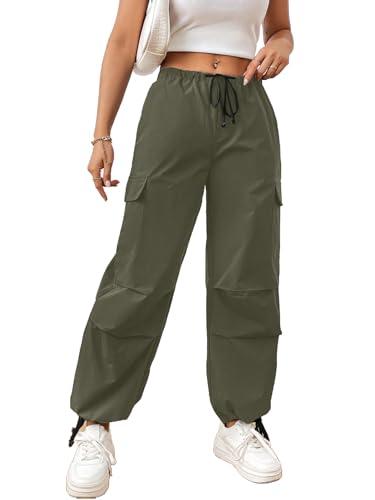 aahwan solid green wide leg baggy drawstring waist flap pocket side parachute cargo pants for women's & girls' (246_green-26)