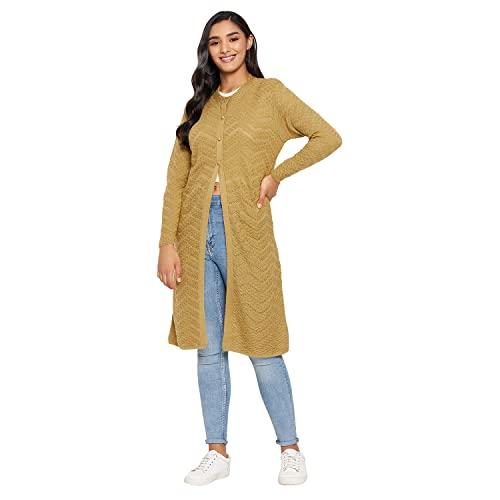 clapton amazing gold stylish winterwear sweaters with cardigans for women fullsleeve longline round neck with button acrylic woolen soft wool blend solid cardigans extra long outer-8008-b-gold-m