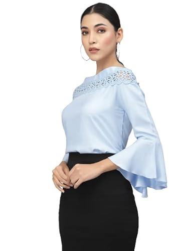 style quotient women solid light blue viscose rayon smart casual top