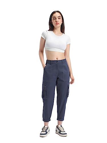 bewakoof women's solid tapered cotton cargo pants - tapered fit_582924_blue_36