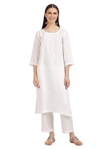 linen club woman pure linen white embroidered kurta for women (size:l)-lwkieb0080185