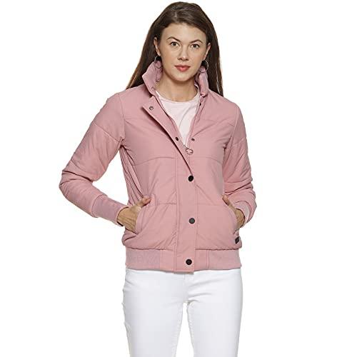 campus sutra women's blush pink puffer jacket with angled open pockets for casual wear | high neck | long sleeve | button closure | polyester jacket crafted with comfort fit for everyday wear