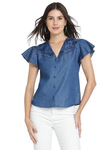 shaye v-neck blue embroidered short sleeves casual tops for women