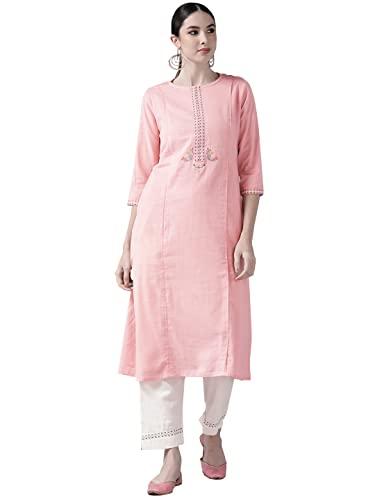 ishin women's cotton blend embroidered a-line kurta suit set with pants kplpm-12089_xl_pink & white