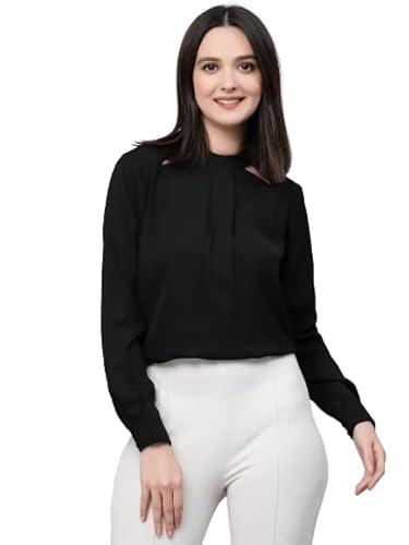 style quotient women solid black polyester cutout smart casual top