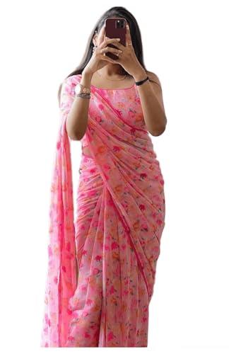 sidhidata women's georgette printed ready to wear one minute saree with unstitched blouse piece (candy pink_pink_free size)