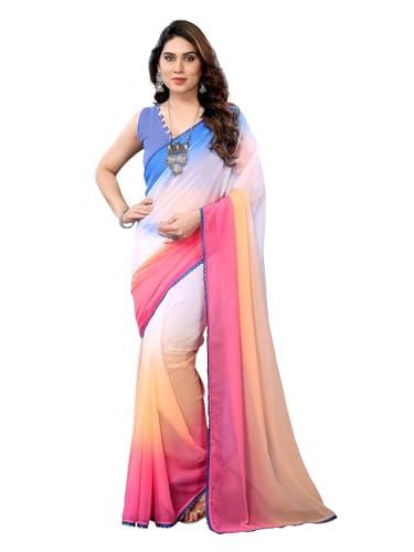 rajeshwar fashion with rf women's readymade pleated pre drape stitched colorblock georgette sarees for ladies with lace border & blouse(ready to wear one minute blue pink saree)