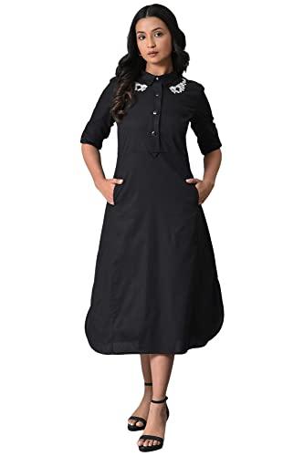 w for woman women's black cotton embroidered shirt dress calf length (23few19305-219033 10)