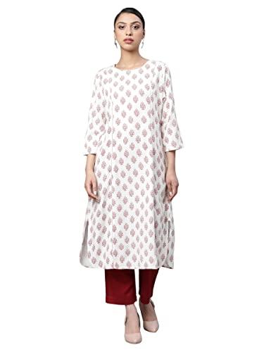 linen club woman red buta printed a line kurta (size: xl)-lcwess22lkfred0074