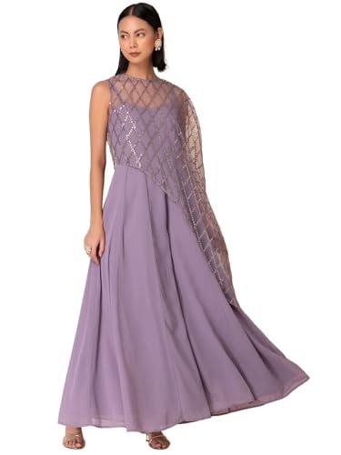 indya women's georgette lilac flared jumpsuit with sequin embroidered cape (set of 2) standard length (itn05368_purple_xs)