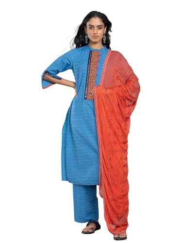 shaye blue ethnic mandarin collar self-design calf length kurta and pant set with dupatta for women