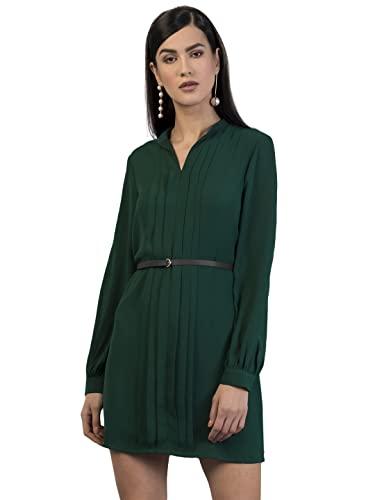 faballey department184 georgette regular green front pleated shirt dress with tan belt (drs03579 s)