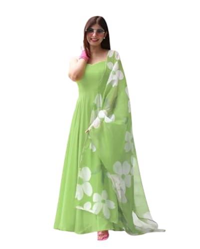 finizia women's georgette dress traditional ethnic round neck long sleeve a-line floral printed gown with dupatta(pista,s)