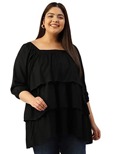 therebelinme plus size women's black soild color puff sleeves layered top(xxl)