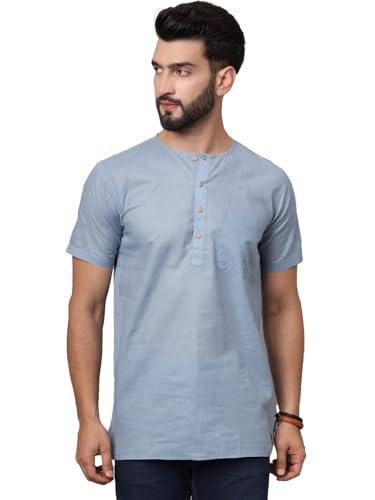 latest chikan men's cotton straight round neck summer cool powder blue short kurta half sleeves� lc_a_skpc-rn-pbl-44