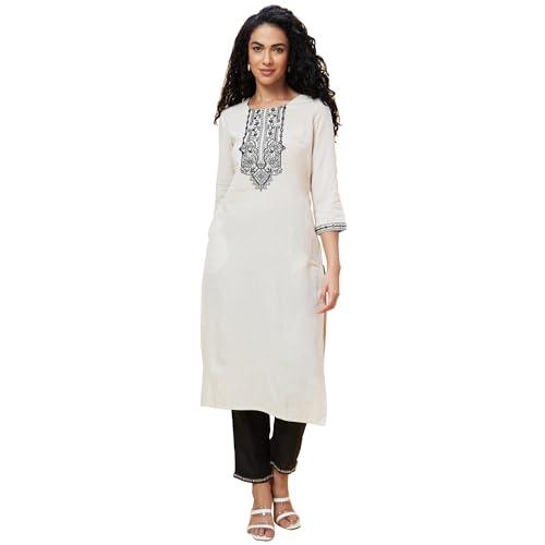 globus women off white embroidered kurta set with trouser-3633959004